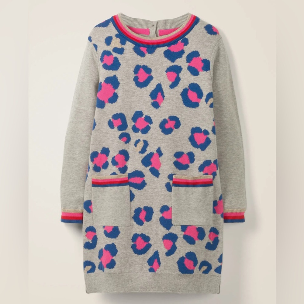 Mini Boden Girls Sweater Dress Animal Print Cheetah‎ Pockets Size 8-9